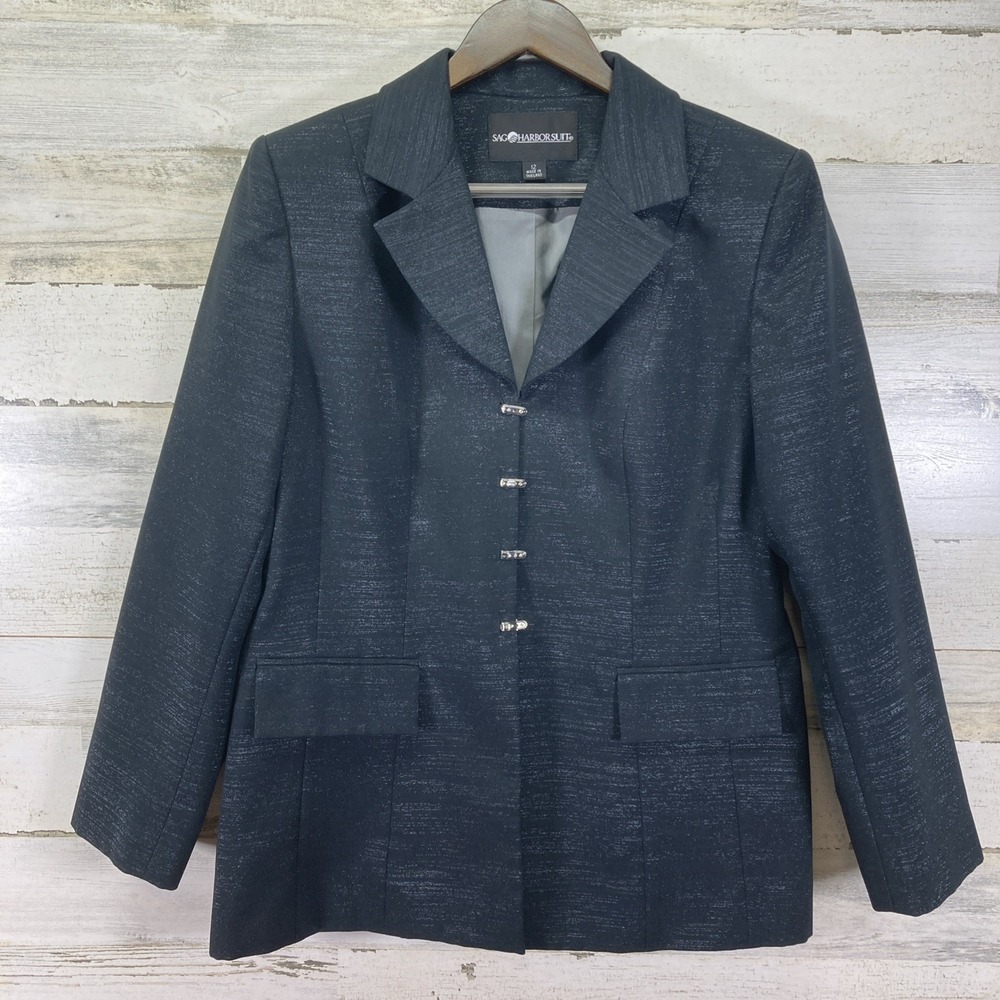 Sag Harbor Suit Womens Black Silver Metallic Lined Rhinestone Blazer Jacket 12